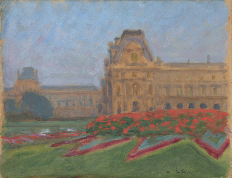 sceneria - ujęcie z przodu; Na pierwszym planie trawnik i półkole rabaty z czerwonymi i różowymi kwiatami. W głębi po prawej sylweta rzeźby na cokole. Po środku na obrazie sylweta łuku triumfalnego, po obu stronach drzewa. Horyzont na 1/3 wysokości obrazu. Niebo koloru gris clair.