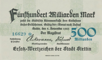 bon - Ujęcie strony głównej bez poddruku. Jednostronny bon z nominałe 500 miliardów marek, z bladozielonym poddrukiem i czarnymi gotyckimi napisami.