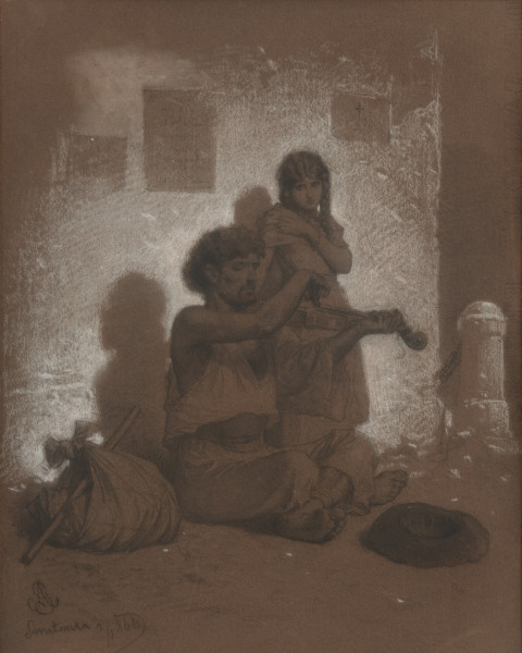 scena rodzajowa - ujęcie z przodu; W centrum kompozycji, na tle rozjaśnionej światłem ściany, postać siedzącego mężczyzny i stojącej przy nim, po prawej, dziewczynki. On zwrócony w 3/4, w prawo, gra na skrzypcach. Przed nimi, na ziemi, odwrócony do góry kapelusz, po lewej - węzełek z kijem. Przy prawej, bocznej krawędzi obrazu niski kamienny słupek z łańcuchem.