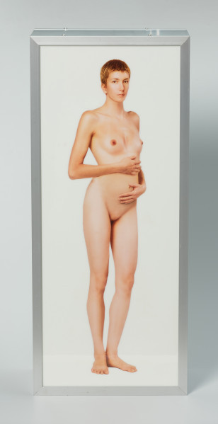 Lightbox w aluminiowej ramie z przedstawieniem nagiej, ciężarnej kobiety - Ujęcie z przodu, z oddali. Podświetlane pudło w aluminiowej ramie w układzie pionowym. Na pierwszym planie postać stojącej, nagiej, brzemiennej kobiety. Tło białe, neutralne. Kobieta ukazana w kontrapoście, zwrócona w prawą stronę. Ręce złożone na brzuchu. Ciało smukłe, włosy krótkie. Wzgórek łonowy bez owłosienia
