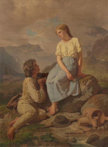 Dzieci góralskie (Przysięga na szarotkę) - Ujęcie z przodu; Na pierwszym planie młoda dziewczyna siedząca na głazie trzymająca w ręku szarotkę. Wzrok skierowany na siedzącego po prawej u jej stóp chłopca, składającego deklarację uczuć. W tle lekko zamglony górski krajobraz.