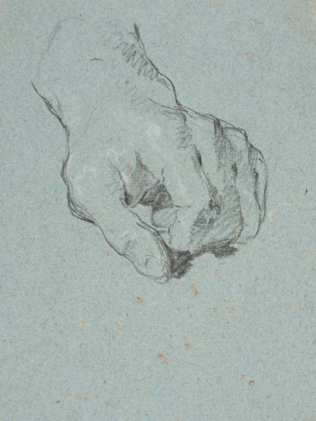 rysunek - ujęcie z tyłu; Rysunek w układzie pionowym na karcie niebieskiego, prostokątnego papieru weneckiego. Na verso karty znajduje się studium dłoni męskiej wraz z nadgarstkiem, której palce zwinięte są tak, jakby coś trzymały.