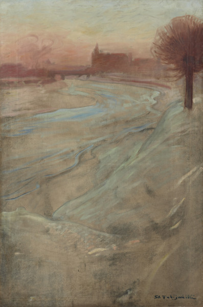 pejzaż zimowy - ujecie z przodu; Kompozycja w układzie pionowym. Na pierwszym planie wzniesienie z którego widoczna w dole płynąca rzeka zakolem w górę ku prawej skręca w lewo na ostatnim planie. Na linii horyzontu 4/5 wysokości obrazu po środku sylweta Wawelu. Na wzniesieniu po prawej wierzba. Koloryt jasny, nikłe smugi różowawe.