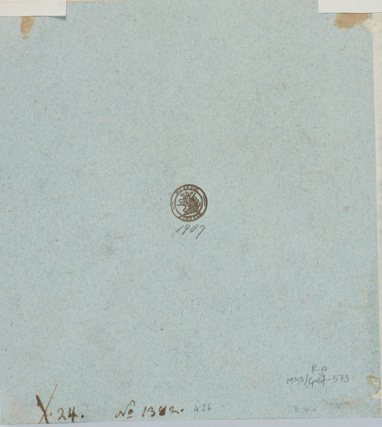 rysunek; głowa chłopięca - ujęcie z tyłu; Widoczne napisy, pieczątka oraz numer inwentarzowy.