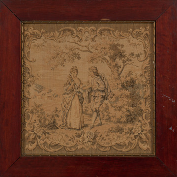 gobelin - Ujęcie z przodu. Mały gobelin w tonacji miodowo-beżowo-czarnej.