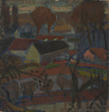 pejzaż wiejski - ujęcie z przodu; Ujęty z wysoka krajobraz, w centrum luźna zabudowa z niewysokimi domami. Na pierwszym planie ornament linearny konarów drzew. Za domami drzewa przesłaniające częściowo płaszczyznę dolnego planu.