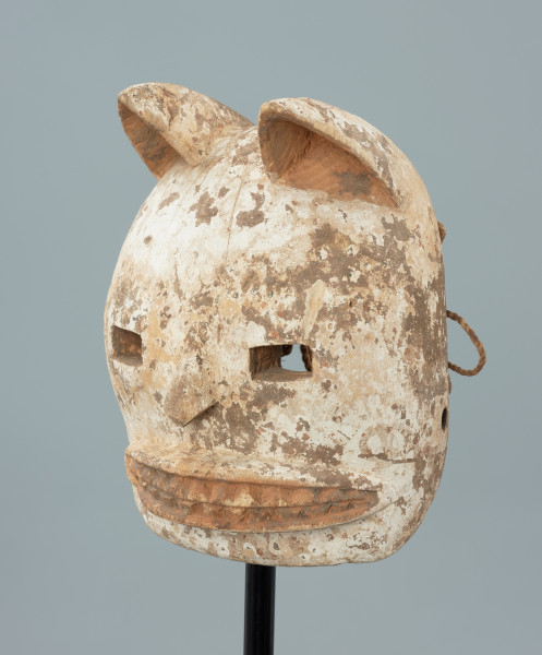 maska - Ujęcie z przodu, z lewej strony. Drewniana, rzeźbiona maska pantery. Głowa zaokrąglona, zwieńczona trójkątnymi, lekko skierowanymi do przodu uszami. Wycięte prostokątne oczy, mały spłaszczony nos. Pysk szeroki, wypukły z widocznymi rzeźbionymi zębami. Całość biała, miejscami przybrudzona. W części tylnej maski wywiercone otwory, umożliwiające przymocowanie jej do twarzy tancerza oraz pozostałości po sznurku.