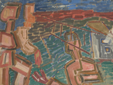 obraz - Ujęcie z przodu; Na pierwszym planie trzy postacie: dwie przy lewej bocznej krawędzi, przecięte krawędzią, trzecia na przedplanie po prawej stronie ujęta do pasa od tyłu, lewa ręka uniesiona. Postacie uogólnione do zgeometryzowanych form. Płaszczyzna obrazu wypełniona falistymi układami podłużnych lini pędzla w tonach zieleni, u góry czerwieni i niebieskich.