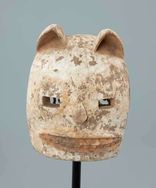 maska - Ujęcie z przodu. Drewniana, rzeźbiona maska pantery. Głowa zaokrąglona, zwieńczona trójkątnymi, lekko skierowanymi do przodu uszami. Wycięte prostokątne oczy, mały spłaszczony nos. Pysk szeroki, wypukły z widocznymi rzeźbionymi zębami. Całość biała, miejscami przybrudzona. W części tylnej maski wywiercone otwory, umożliwiające przymocowanie jej do twarzy tancerza oraz pozostałości po sznurku.