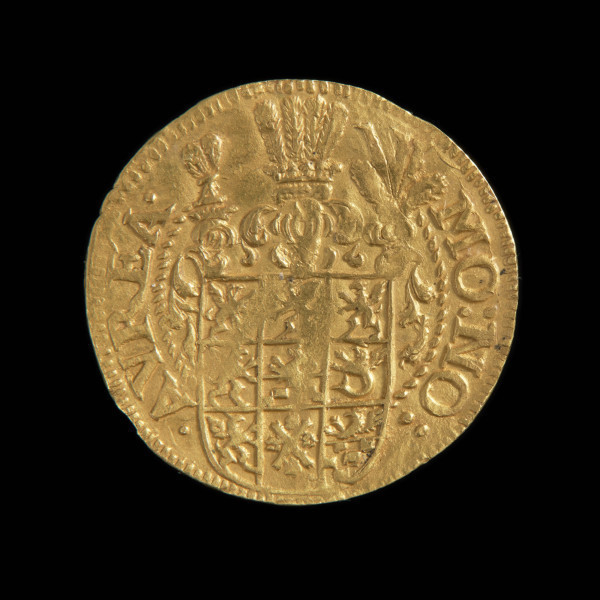 dukat - Ujęcie rewersu. Rewers: wielki dziesięciopolowy herb Pomorza Zachodniego. W otoku kontynuacja tytulatury.