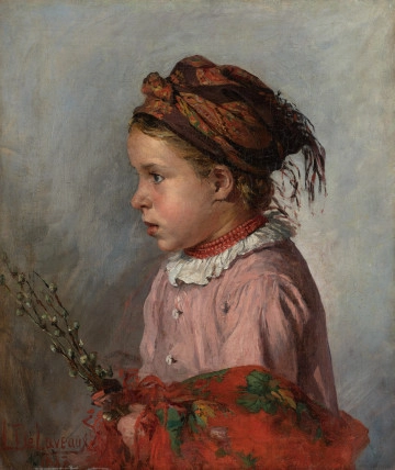 portret dziecięcy - ujęcie z przodu; Na neutralnym, szarym tle postać dziewczynki ujętej z profilu; głowa wysoko przewiązana wzorzystą chustką, czoło wypukłe, krótki nos, pełne policzki, wydatne usta; sukienka różowa, wokół szyi mała, biała falbanka, wyżej sznur ciasno zapiętych korali; na przedramionach czerwona chusta w zielony wzór; w ręku bazie.