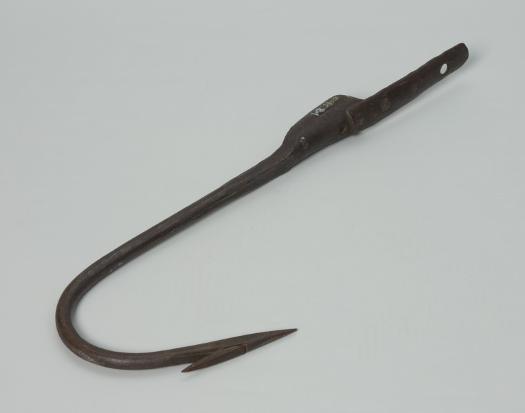 harpun - Ujęcie z góry przodu skosem w lewa stronę. Duży, wykonany z żelaza techniką kowalską harpun. Część pracująca łukowato wygięta, zaostrzona z przygwintowanym pojedynczym, ruchomym  zadziorem. Zakończona tuleją, w której osadzona była rękojeść (rękojeści brak).  Z tulei wyprowadzony krótki pas metalowy, do którego za pomocą trzech nitów, po zewnętrznej stronie, mocowany jest pas dłuższy. W tulei i w dłuższym pasie wycięte, znajdujące się na jednej linii, okrągłe otwory.