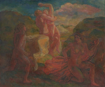 mns/se-m/452 scena mitologiczna - ujęcie z przodu; Scena figuralna na tle pejzażu. Na pierwszym planie, po prawej, u dołu naga postać kobieca w przyklęku na prawym kolanie. W lewej, uniesionej ręce trzyma draperię rozpościerającą się w szerokich fałdach po lewej stronie u dołu. Po lewej stronie obrazu biegnąca postać mężczyzny zwróconego do konia galopującego w głąb. Koń, postać mężczyzny - jeźdźca obejmującego gestykulującą kobietę, znajdują się w centrum kompozycji. Na dalszym planie, po prawej i lewej stronie obrazu, wzgórza, pomiędzy nimi widoczny pagórkowaty krajobraz. Koloryt: postacie po lewej i prawej w ciepłych brązach z akcentami czerwieni, niektóre partie ciała i draperii okonturowane czernią. Koń biały, postacie jeźdźca i kobiety w różach. Wzgórze zielone z akcentami brązu, żółci. Niebo niebieskie z zielenią, po prawej obłok różowo-białawy.