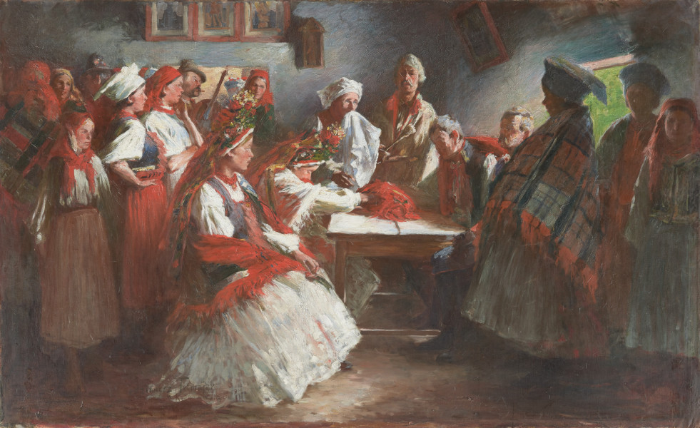 scena rodzajowa - ujęcie z przodu; We wnętrzu chaty przedstawiono postaci kobiet i mężczyzn w strojach ludowych, zgrupowane według prostego stołu, przesuniętego nieznacznie w prawo od pionowej osi obrazu. Na pierwszym planie postać siedzącej kobiety przy stole i dwóch mężczyzn naprzeciw siebie, dłoń jednego z nich i kobiety na stole - obie przykryte tkaniną. Za stołem stojąca kobieta z chustą przy ustach i mężczyzna z kropidłem; po lewej stronie obrazu grupa stojących kobiet i widoczne za nimi głowy dwóch mężczyzn w kapeluszach - jeden z nich z instrumentem muzycznym (skrzypcami?); po prawej stronie obrazu trzy sylwetki kobiet, stojąca najbliżej stołu okryta kraciastą chustą; za nimi, w głębi widoczny fragment otwartych drzwi, na ścianie w głębi, po lewej trzy zawieszone obok siebie obrazy.