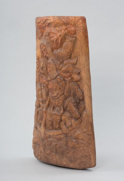 płaskorzeźba - Ujęcie przodu skosem w prawą stronę . Noe i zwierzęta w Arce na falującym morzu, nad nimi w chmurach postać Pana Boga z gałązką w ręce.