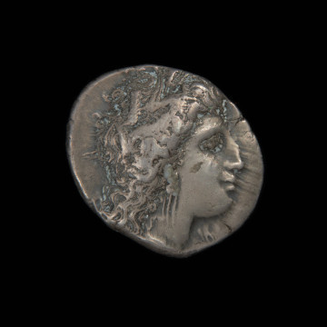 MNS/N/14962 moneta; didrachma - Ujęcie awersu. Moneta z wizerunkiem głowy Demeter na awersie i kłosem zboża na rewersie.