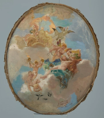 Wiosna - Ujęcie z przodu; Malowidło z przedstawieniem alegorii wiosny inspirowane mitologią grecką. W środkowej części półleżący akt kobiety, której z rąk zdejmuje okowy postać skrzydlatego chłopca. Powyżej dwie postacie na rydwanie ciągnionym przez ptaki, w dolnej części trzy amorki.