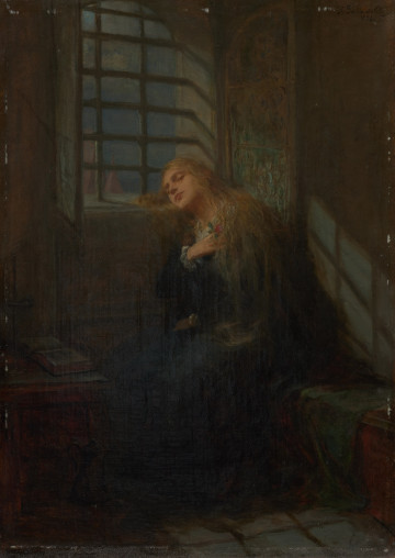 scena rodzajowa - ujęcie z przodu; We wnęce, pod zakratowanym oknem postać siedzącej kobiety. Głowę wspartą o parapet oświetla światło księżyca, długie blond włosy opadają z ramion. Ciemna suknia. Prawa ręka złożona na piersiach. Na skrzyni przed postacią rozłożona książka. Koloryt ciemny.