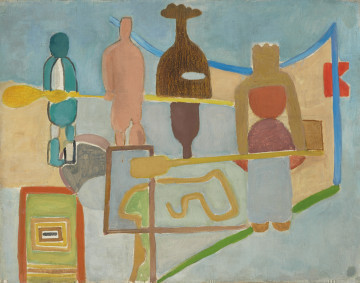 scena rodzajowa; kompozycja abstrakcyjna - ujęcie z przodu; Obraz abstrakcyjny. Na bladoniebieskim i jasnoszarym tle widoczne są 4 zarysy postaci. w jednej linii i różnych kolorach: turkusowo-białym, morelowym, brązowym i ostatnia musztadowo-różowo-czerwonym. Ledwie zarysowe głowy, tułowia, nogi w postaci geometrycznych obłych figur. Kompozycja poprzedzielana jest kolorowymi liniami prostymi i krzywymi.