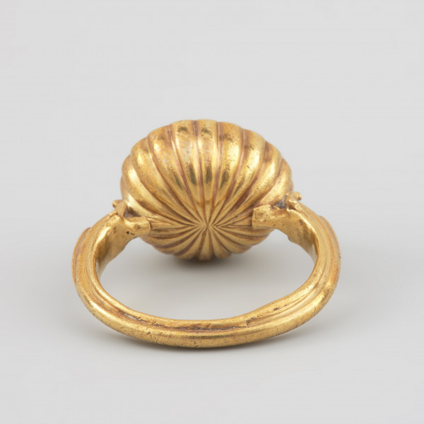 Pierścień z turkusem księcia Franciszka I (1577 - 1620) - Ujęcie z tyłu. Pierścień z dużym owalnym turkusem w promieniście puklowanej pełnej oprawie. Szyna o profilowanych brzegach, rozszerzająca się w stronę oprawy. Końce szyny ujmujące oprawę kamienia zakomponowane zostały z motywów roślinnych, zbliżonych kształtem do paszczy fantastycznych zwierząt.