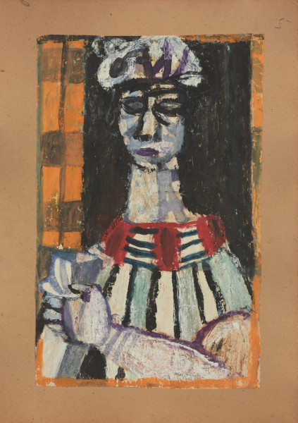 portret kobiecy - ujęcie z przodu; Kompozycja w układzie poziomym. Uogólniony w formie portret kobiety ujętej do pasa, en face. Podłużna twarz określona grubym konturem czerni. Biała twarz modelowana szarością, bialay zawój na głowie z rysunkiem czerni. Na długiej szyi stojący kołnierz w pionowe pasy karminowe i białe z pionowymi granatowymi paskami. Suknia w pionowe pasy, białe, seledynowe na bieli, rozdzielone pionami czerni. W lewej ręce, zgiętej w łokciu , szaro-biała filiżanka ze spodkiem. Popiersie kobiety na prostokącie czerni. Po lewej, przy bocznej krawędzi pas oranżu z kratką szarości.