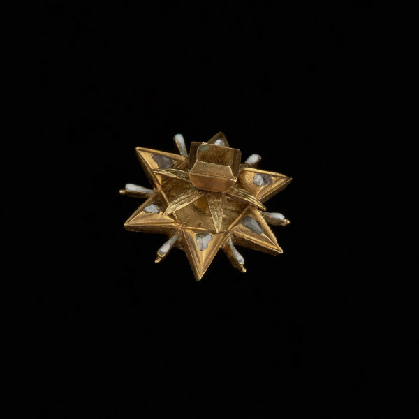 pontalik w kształcie gwiazdki - Ujęcie z tyłu skosem. Podstawa w kształcie sześcioramiennej gwiazdki, kameryzowanej diamentami o szlifie rozetowym. Ramiona gwiazdki rozdzielone wąskimi promieniami pokrytymi białą emalią. W górnej części rozetka z sześciu lancetowatych liści, na niej zwieńczenie w formie kasztu z niezachowanym kamieniem. Poszczególne części połączone śrubą. Na spodzie uszko służące do mocowania klejnotu do stroju.