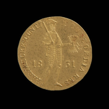 MNS/N/15427 środek płatniczy, pieniądz, moneta - Ujęcie awersu. Moneta z postacią rycerza w zbroi z mieczem i pękiem strzał w prawo na awersie. Naśladownictwo dukata holenderskiego.