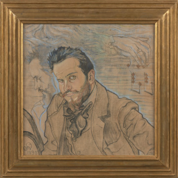 portret męski - Ujęcie w ramie; Portretowany przedstawiony w półpostaci, zwrócony w lewo, twarz w 3/4, pociągła, wysokie czoło, podwinięte w górę wąsy, spiczasta bródka; marynarka rozpięta, pod nią kamizelka, szeroki, ciemny krawat; po lewej stronie głowy widoczny profil portretowanego. Tło stanowi zarys nutowego liniału. W prawym górnym rogu przedstawienie prawej ręki w geście zetknięcia z klawiaturą, zarys mankietu zamyka określonym konturem układ falistych, spokojnych linii; poniżej dłoni pojedyncze nuty. W lewym dolnym narożniku wycinek podwójnego łuku - oparcia krzesła. Kolorystyka: szaro-beżowe podobrazie, czerń konturu, akcenty niebieskie.