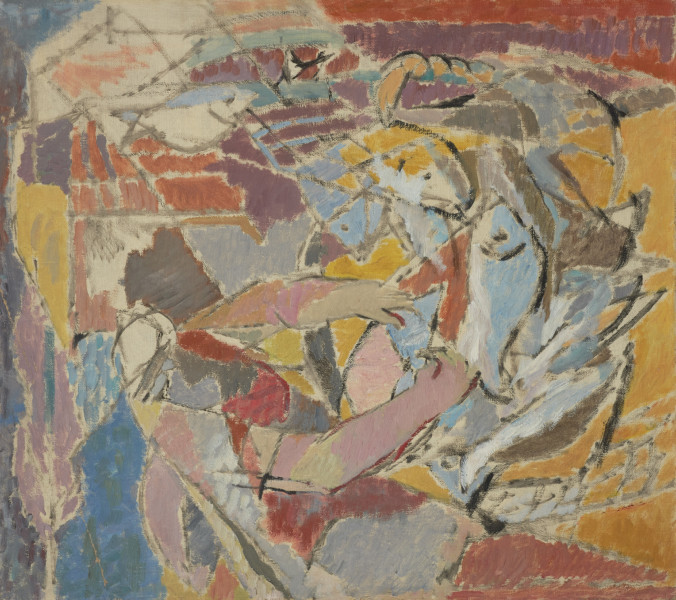 obraz - ujęcie z przodu; Scena rodzajowa, sieci rybackie. Kobieta, która zajmuje się wyjmowaniem ryb z sieci. Tonacje pastelowe w tonacjach błękitu, żółci i odcienie bladego fioletu i różu.