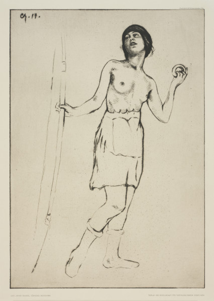 Ujęcie z przodu. Studium postaci w układzie pionowym młodej, półnagiej tancerki trzymajacej łuk i pierściń.