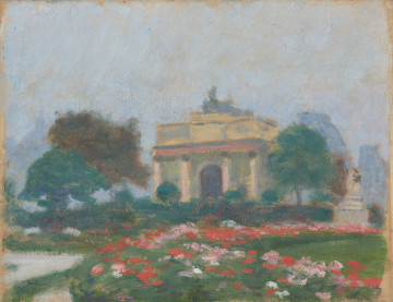 sceneria - ujęcie z przodu; Na pierwszym planie trawnik, po prawej klomb wypełniony czerwonymi kwitnącymi kwiatami, obrzeżony roślinnością w gwiaździstym układzie. Na drugim planie po prawej duży kilkukondygnacyjny budynek zwieńczony po lewej ściętą wieżyczką. W głębi po lewej zarys innego budynku przysłonięty przy bocznej krawędzi obrazu szaroniebieską plamą drzew. Niebo niebieskawe.