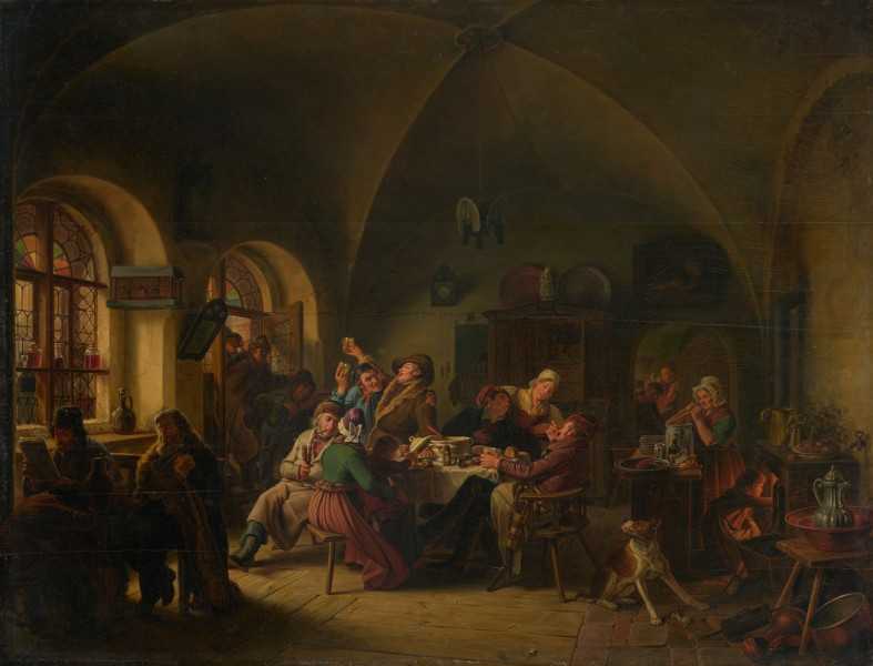 obraz - Ujęcie z przodu; Scena rozgrywa się w murowanym pomieszczeniu. Pośrodku przy stole ucztuje wesołe towarzystwo. Przy małym stole obok okna siedzą pojedynczy goście, jeden czyta gazetę, drugi rozmyśla, inny śpi. Przez otwarte drzwi wpada trójosobowa kapela - skrzypek, basista i trębacz. Kobieta przy kontuarze pod ścianą czyści naczynie. Na podłodze, ścianach i meblach rozmieszczone są w nieładzie różne naczynia i sprzęty.