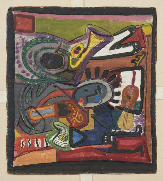 obraz - ujęcie z przodu; Na nakładających się płaszczyznach barwnych przedmioty: w centrum medalion z owalem twarzy; poniżej, nad dolną krawędzią, pośrodku, gitara przecięta linią czarnego konturu; po prawej żółta trąbka; powyżej ornamentalnie potraktowane zielone liście, wachlarzowo rozwidlone. Koloryt: kolor położony płasko, okonturowany czernią i szarością, granaty, brązy, czerwienie, jasna zieleń, fiolety, akcenty żółci.