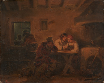 scena rodzajowa - Wnętrze izby: pośrodku siedzi mężczyzna w kurtce z futrzanym kołnierzem i czapce na głowie. Łokieć wspiera na stole. Za stołem para zwróconych do siebie wieśniaków oświetlonych światłem, którego źródło zasłania siedzący na przedzie mężczyzna. Po lewej stojący mężczyzna, oparty o parapet półotwartego okna, odwrócony do okna do stojącej na zewnątrz postaci. Po prawej stronie obrazu widoczny piec kuchenny z okapem, u góry widoczne belki stropu. Na przeciwległej do patrzącego ścianie obraz z zatkniętą zań palmą. Koloryt monochromatyczny, w brązach ciepłych do brunatnych. Zgaszona czerwień cynobrowa chustki na głowie wieśniaczki.