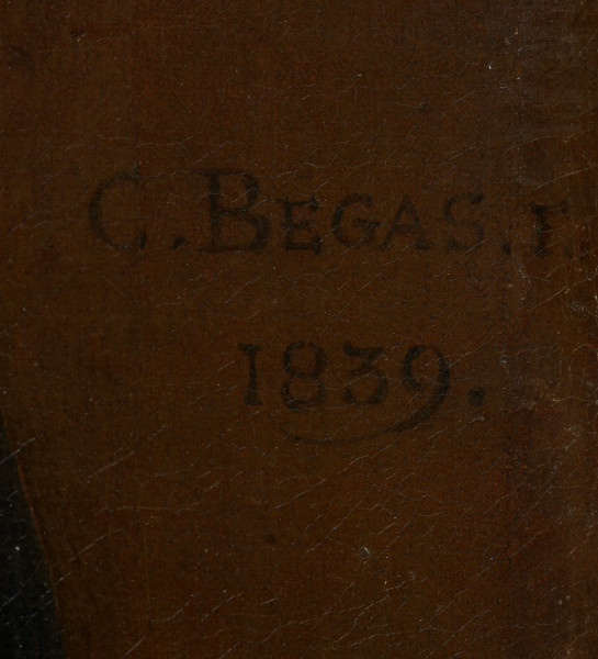 Portret Carla Ludwiga Friedricha von Eickstedt-Peterswaldt - detal; Podpis autora z datą w odcieniu czerni na ciemnym brązowym tle. Podpis na fragmencie dośc dużego zbliżenia obrazu.