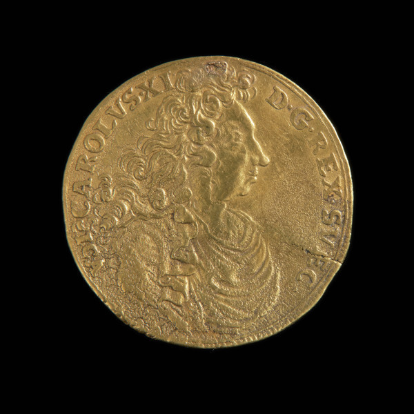 dwudukat - Ujęcie awersu. Na awersie popiersie władcy w peruce w prawo. Na zbroi narzucone paludamentum.
W otoku, bez obwódki wewnętrznej, napis. Pod ramieniem inicjały ICA.