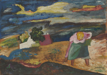 scena rodzajowa - ujęcie z przodu; Krajobraz o falistym układzie form. Na przedplanie ciemna smuga, na pierwszym planie schylona postać kobiety z wyciągniętą w dół ręką. Na dalekim planie, po lewej zabudowanie wśród drzew. Niebo pokryte smugami koloru. Koloryt: płaszczyzna ziemi od białawej po prawej stronie, żółtawa, po lewej smugi niebieskie i żółte. Ściana jednego zabudowania intensywnie biała, drugi dach o zgaszonej czerwieni. Niebo pokryte smugami koloru, odcieniami niebieskiego, żółci, bieli, czerni, akcent czerwieni. Kobieta w żółtej chuście, różowej bluzce, niebieskiej spódnicy, zielonym fartuchu.