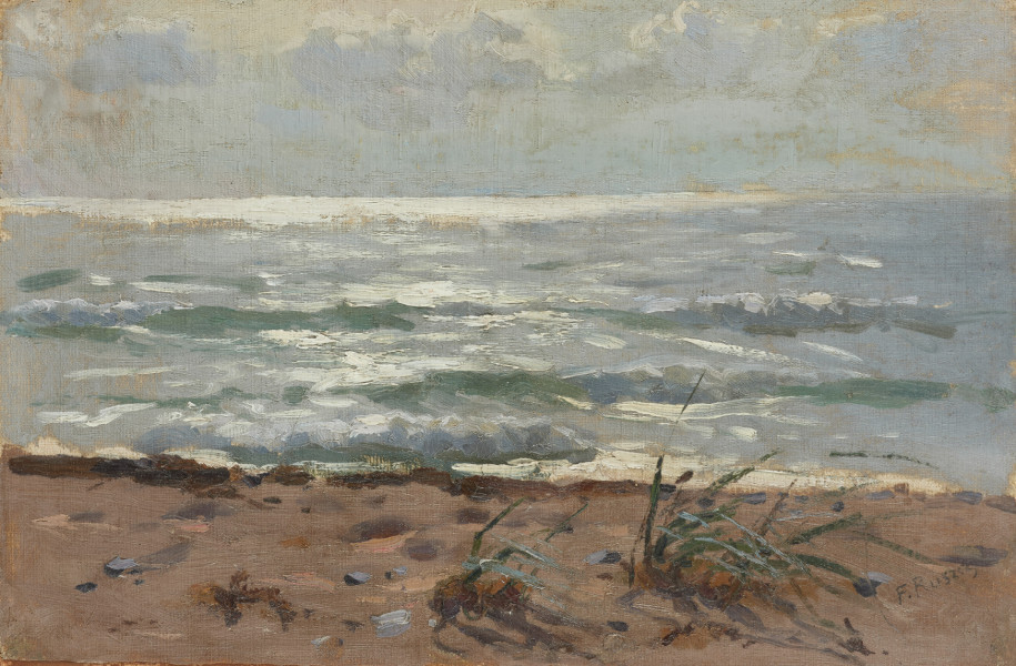 pejzaż morski - ujęcie z przodu; Obraz namalowany w tonacji szarości, zakomponowany w trzech strefach poziomych. Na pierwszym planie znajduje się fragment brunatno-szarego brzegu, z dwoma kępami traw. Drugą strefę stanowi morze, trzecią niebo.