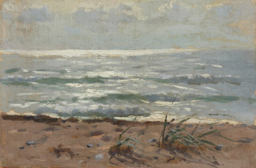pejzaż morski - ujęcie z przodu; Obraz namalowany w tonacji szarości, zakomponowany w trzech strefach poziomych. Na pierwszym planie znajduje się fragment brunatno-szarego brzegu, z dwoma kępami traw. Drugą strefę stanowi morze, trzecią niebo.