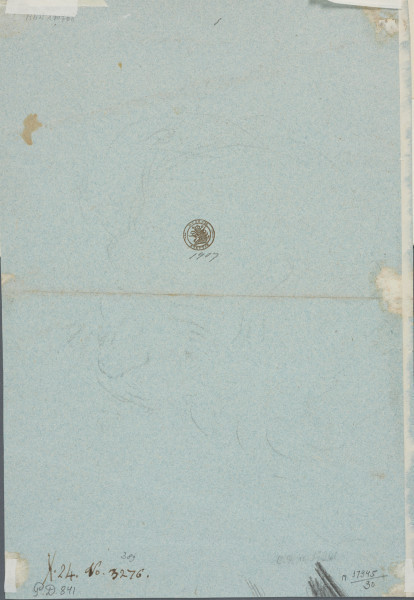 rysunek - ujęcie z tyłu; Na verso piórem w tonie brunatnym: X. 24.; No 3276; ołówkiem: P.D. 841; nr rosyjski starty; M 17945/30; MNW 190768; brunatna pieczęć Museum Stettin i data ołówkiem: 1907; ob. nr inw. ołówkiem: MNS/Rys/612
