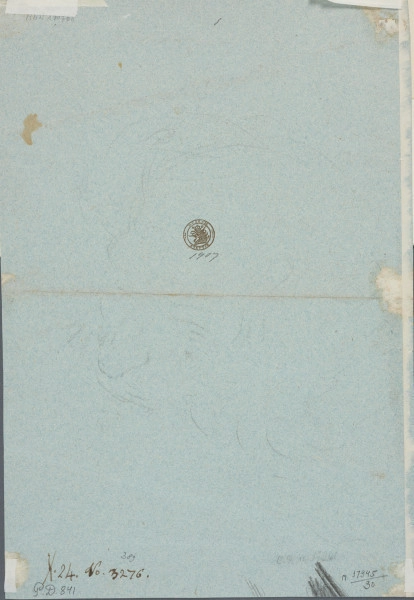 rysunek - ujęcie z tyłu; Na verso piórem w tonie brunatnym: X. 24.; No 3276; ołówkiem: P.D. 841; nr rosyjski starty; M 17945/30; MNW 190768; brunatna pieczęć Museum Stettin i data ołówkiem: 1907; ob. nr inw. ołówkiem: MNS/Rys/612