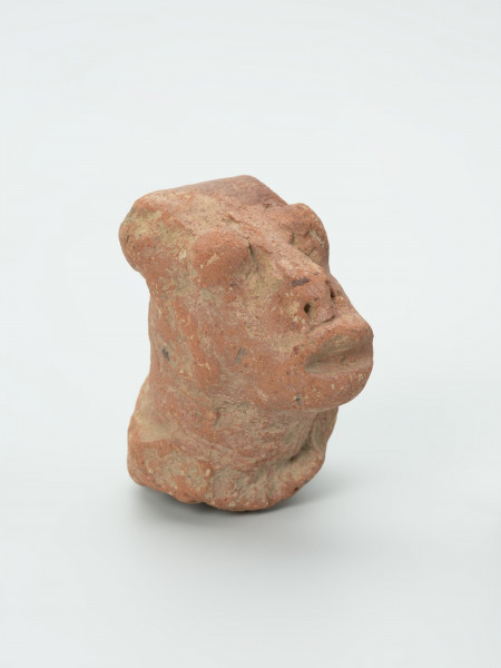 głowa - Ujęcie ze skosu z prawej; Gliniana głowa postaci ludzkiej o ceglastym kolorze i prostokątnej twarzy, która opiera się na masywnej szyi. Zachowało się lewe ramię, na którym wymodelowano charakterystyczną ozdobę w kształcie koła, od którego odchodzą promienie. Figurce zaznaczono rysy twarzy: wydatne, rozchylone usta, szeroki nos o okrągłych nozdrzach oraz wypukłe, okrągłe oczy, które przypominają dwie kulki gliny. Na głowie postaci zaznaczono dwa okrągłe zgrubienia (guzki), które prawdopodobnie przedstawiają fryzurę lub nakrycie głowy. Na powierzchni widoczne są rysy, mikropęknięcia oraz przetarcia.