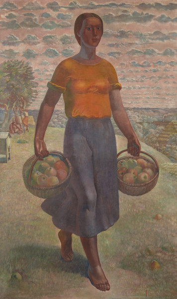 scena rodzajowa; scena alegoryczna - ujęcie z przodu; Wysokość obrazu wypełnia postać młodej kobiety ujętej na wprost, z koszami jabłek w obu rękach. Głowa w 3/4 w lewo, gładkie włosy zaczesane w tył. Karnacja ciała brązowa. Bluzka cynobrowa z dekoltem, rękawy krótkie. Spódnica jasnogranatowa. Przy lewej bocznej krawędzi obrazu jabłoń z opartą drabiną i grupą ludzi. Za kobietą rozległy widok niziny z pasem zieleni. Horyzont na wysokości 2/3 obrazu. Koloryt jasny, modelunek wyrazisty.