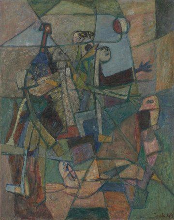 scena rodzajowa - ujęcie z przodu; Obraz przedstawia grupę postaci o uogólnionych, płasko potraktowanych kształtach wpisanych w pejzaż określony zgeometryzowanymi formami. Linie konturu wyznaczają kompozycję. Koloryt: przełamane tony chłodnych zieleni, błękitów, fioletu, różu, akcenty przytłumionych czerwieni i żółci.