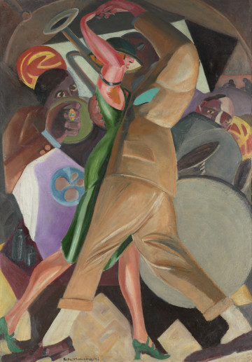 scena rodzajowa - ujęcie z przodu; Kompozycja jednoplanowa: na przodzie ujęta od dołu tańcząca para. Mężczyzna w wykroku ( lewa stopa dotyka prawej krawędzi obrazu, prawa lewej), w uniesionej lewej ręce pod górną krawędzią obrazu ujmuje dłoń partnerki. Kobieta, której kibić widoczna jest częściowo spoza sylwety mężczyzny, ma nogi rozstawione w kroku tanecznym, nagie ramię ugięte w łokciu zdobione bransoletą. Widoczna spoza ramienia głowa w kapeluszu przysłania twarz mężczyzny. Tuż za tańczącą parą po lewej i prawej stronie zza instrumentów muzycznych( po prawej perkusja) widoczne postacie orkiestry: po prawej górna część głowy, po lewej głowa, ramię i zgięta w łokciu ręka z pierścieniem na środkowym palcu, obok uniesiony w górę puzon. Koloryt: tańczący mężczyzna w beżowym ubraniu, fioletowych półbutach, kobieta w sukni o ostrej zieleni, takich pantoflach. Po lewej stronie plama fioletu i bieli, brązowy ubiór muzykanta, w tle szarości i brązy.