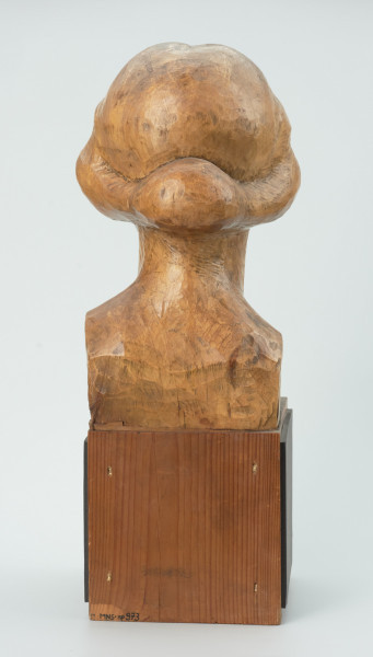 głowa - Ujęcie z tyłu; Głowa młodej kobiety. Twarz owalna, podbródek spiczasty, duże nieco skośne oczy pod wyrazistymi łukami brwi. Krótkie przylegające włosy z przedziałkiem pośrodku.