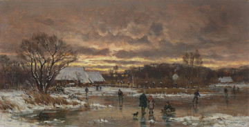 obraz - Ujęcie z przodu; Na zamarzniętym stawie grupa osób ślizgających się na łyżwach i saneczkach. W pobliżu mężczyzna z psem, w oddali zabudowa wiejska. U dołu, z prawej strony sygnatura: Malchin | 1899.