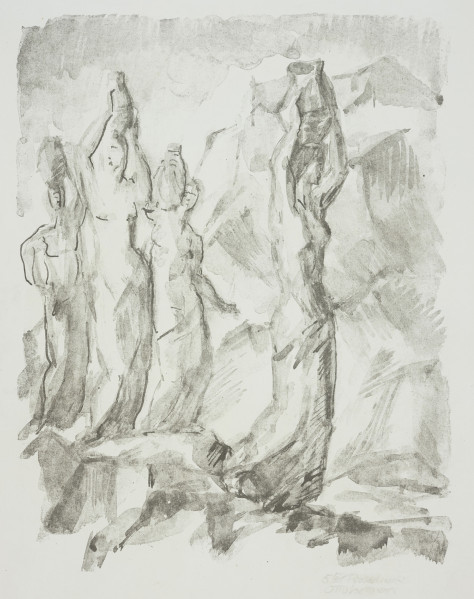 Ujęcie z przodu. Przedstawienie młodych kobiet niosących dzbany górską ścieżką.