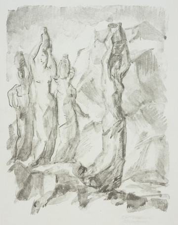 Ujęcie z przodu. Przedstawienie młodych kobiet niosących dzbany górską ścieżką.