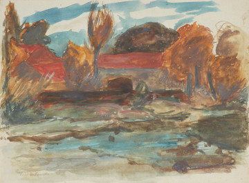 pejzaż - ujęcie z przodu; Studium pejzażowe: znad rzeki widoczne gospodarskie zabudowania wśród drzew. Koloryt: na pierwszym planie szarości, tony niebieskie, brunatne. Zabudowania niskie o czerwonych dachach. Drzewa o rudawych koronach.